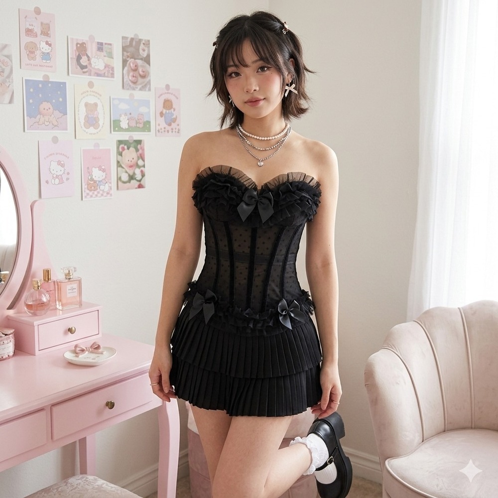 Y2K Coquette Black Corset Top M Japanese Streetwear Goth Lolita Aesthetic Bows